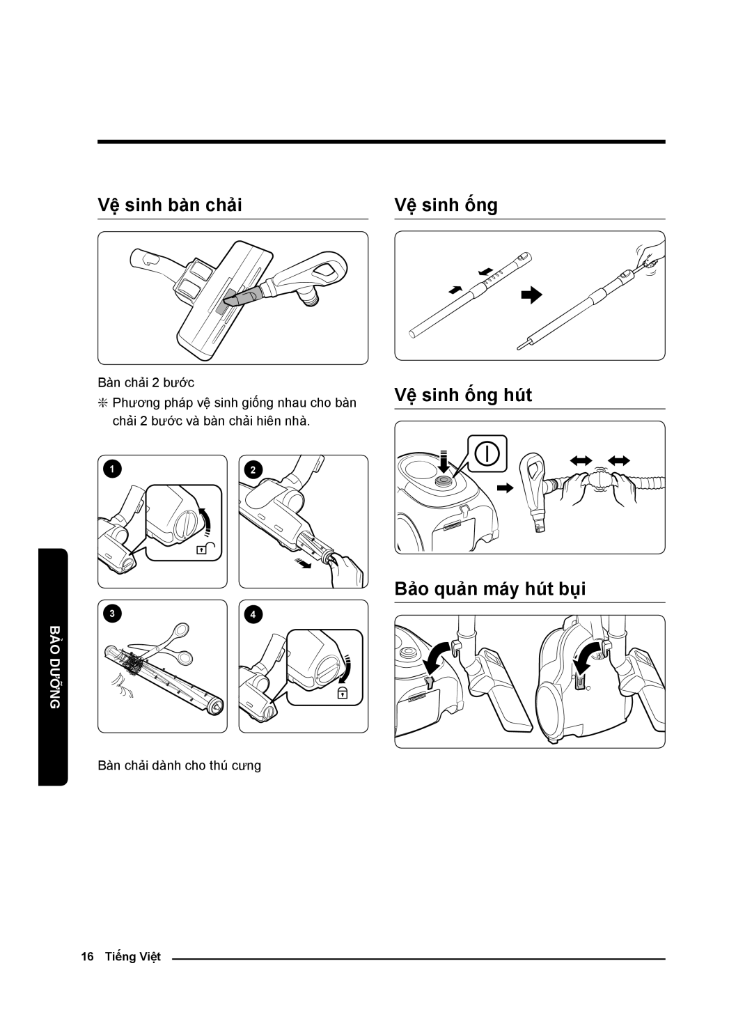 Samsung VC18M21M0VN/SV, VC18M2120SB/SV manual Vệ sinh bàn chải Vệ sinh ống 