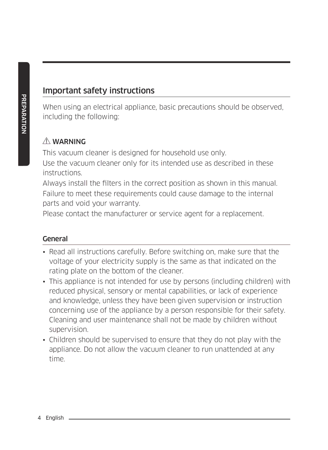 Samsung VC18M31A0HP/AT, VC18M3110VB/MG, VC18M31A0HP/GT, VC18M31A0HP/EV, VC18M3110VB/SV manual Important safety instructions 