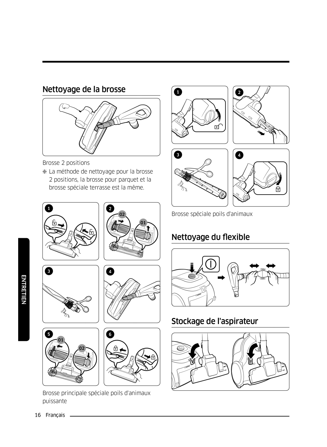 Samsung VC18M31A0HP/GT, VC18M3110VB/MG manual Nettoyage de la brosse, Nettoyage du flexible Stockage de laspirateur 