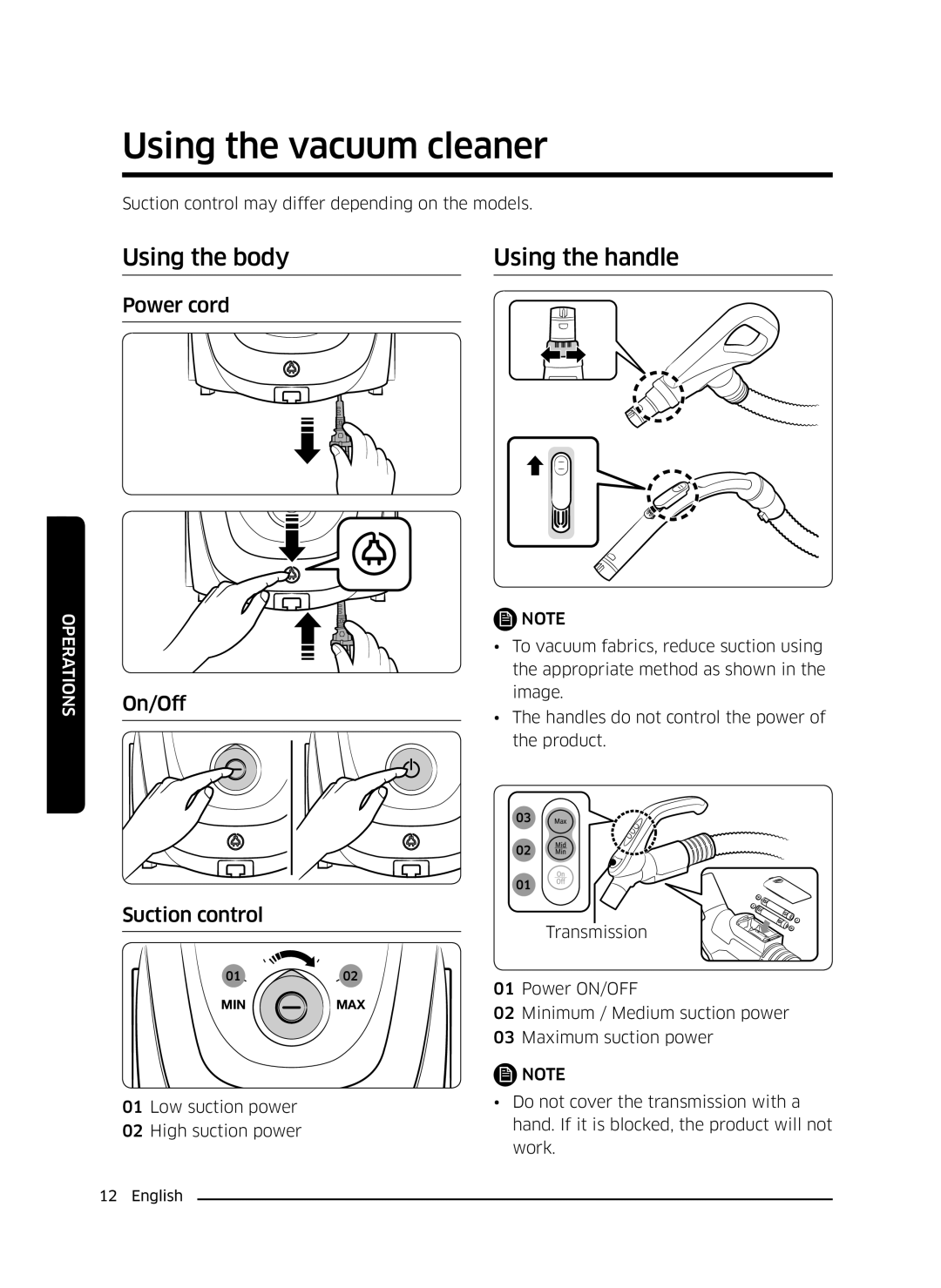 Samsung VC18M3110VB/ML, VC18M3150VU/ML manual Using the vacuum cleaner, Using the body Using the handle 