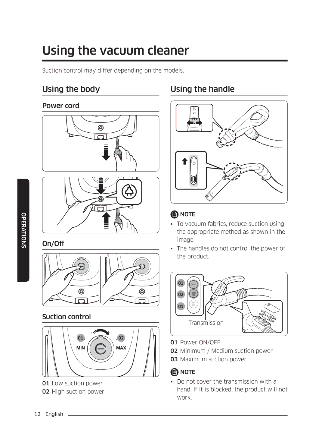 Samsung VC18M3110VB/SV manual Using the vacuum cleaner, Using the body Using the handle 