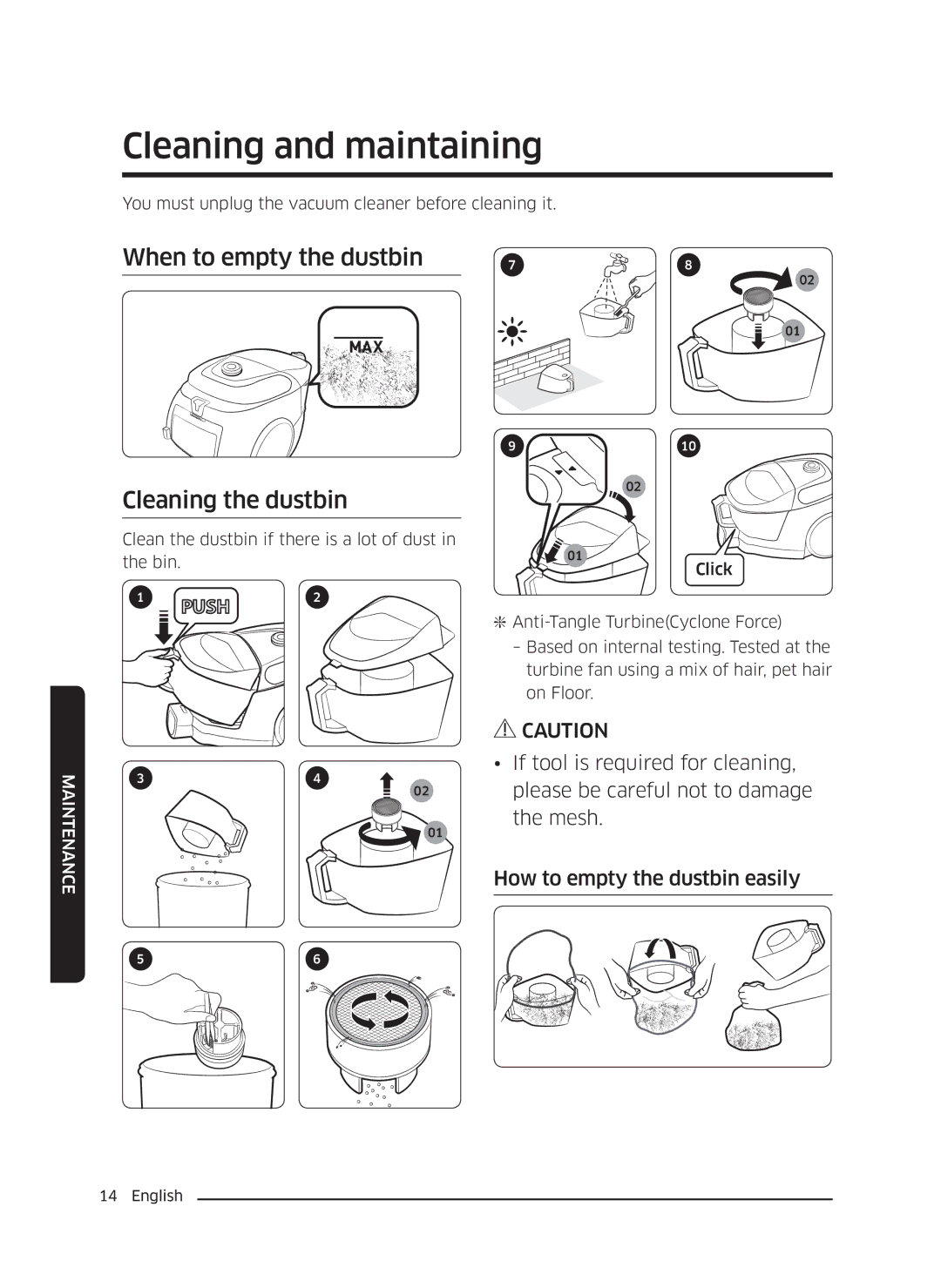 Samsung VC18M3110VB/SV manual Cleaning and maintaining, When to empty the dustbin Cleaning the dustbin 