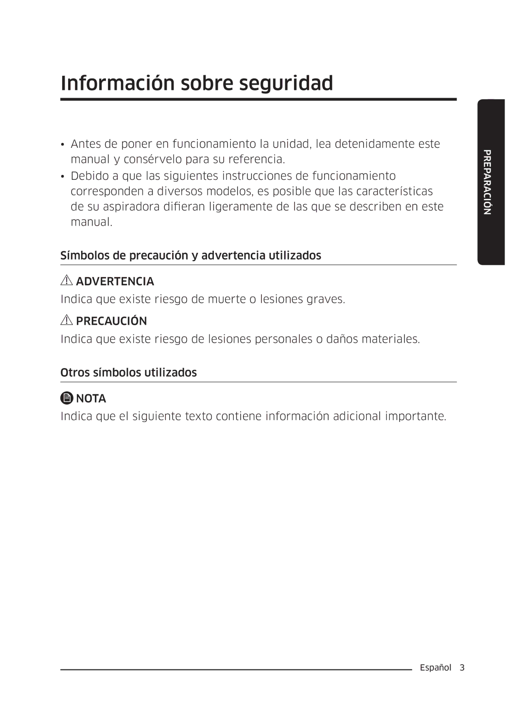 Samsung VC18M3110VB/SV manual Información sobre seguridad, Precaución 