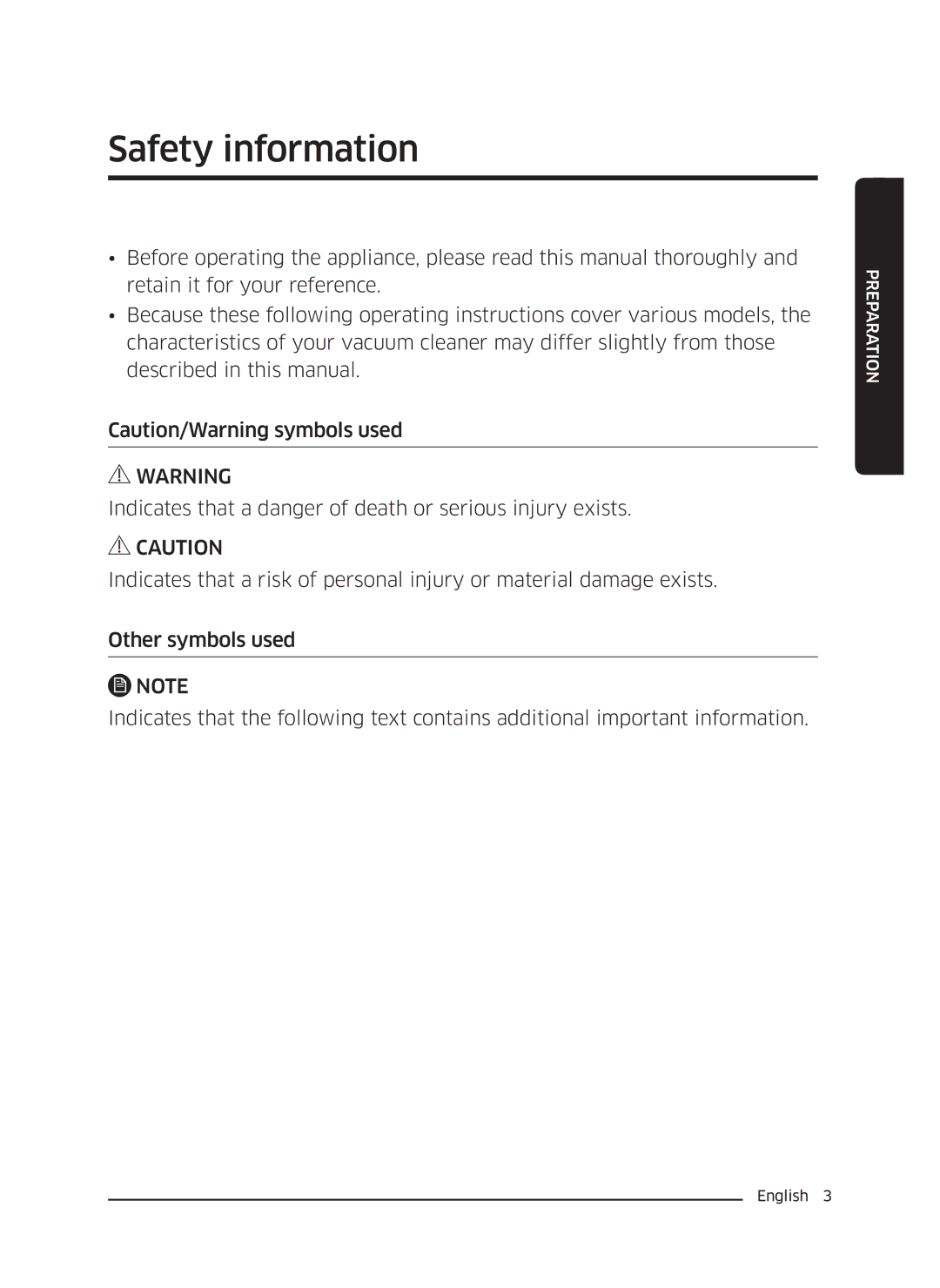 Samsung VC18M3110VB/SV manual Safety information 