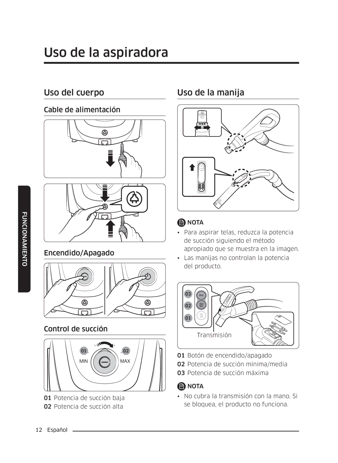 Samsung VC18M3110VB/SV manual Uso de la aspiradora, Uso del cuerpo, Uso de la manija 