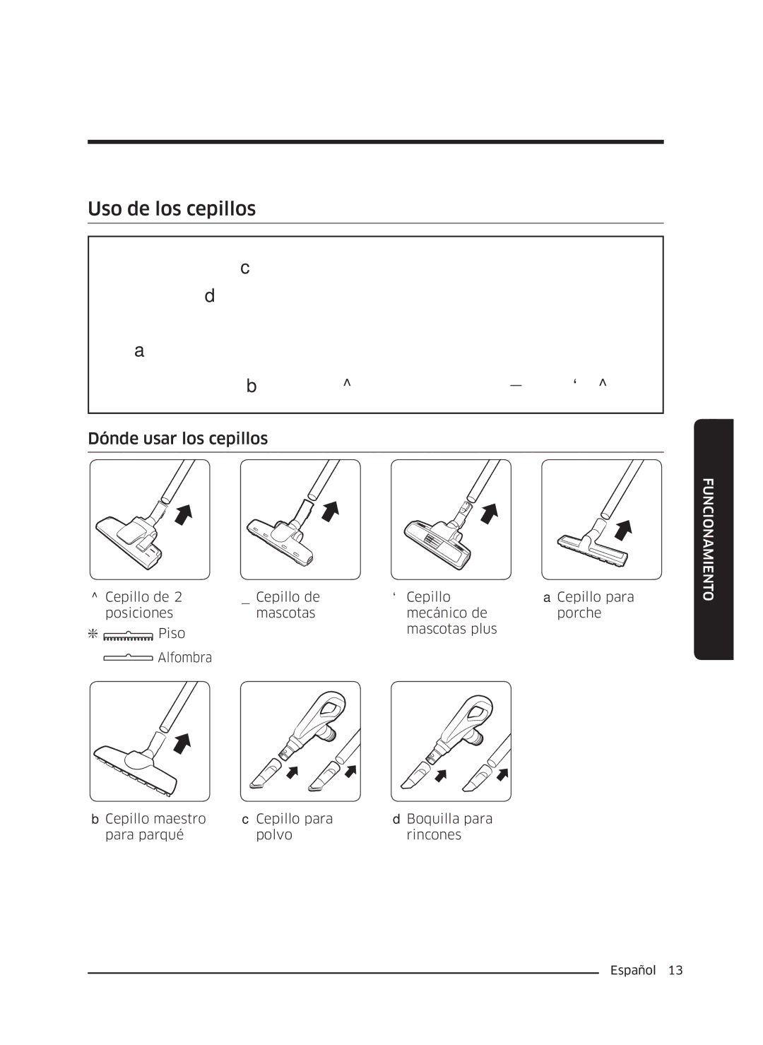 Samsung VC18M3110VB/SV manual Uso de los cepillos, Dónde usar los cepillos 