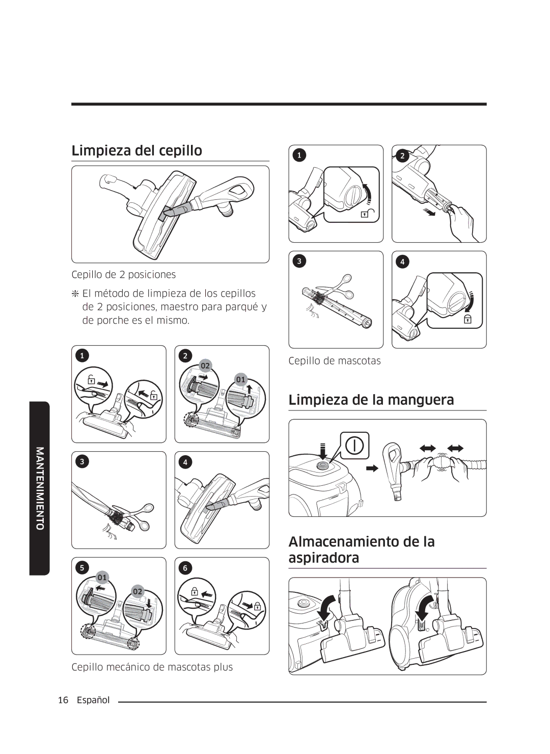 Samsung VC18M3110VB/SV manual Limpieza del cepillo, Limpieza de la manguera Almacenamiento de la aspiradora 