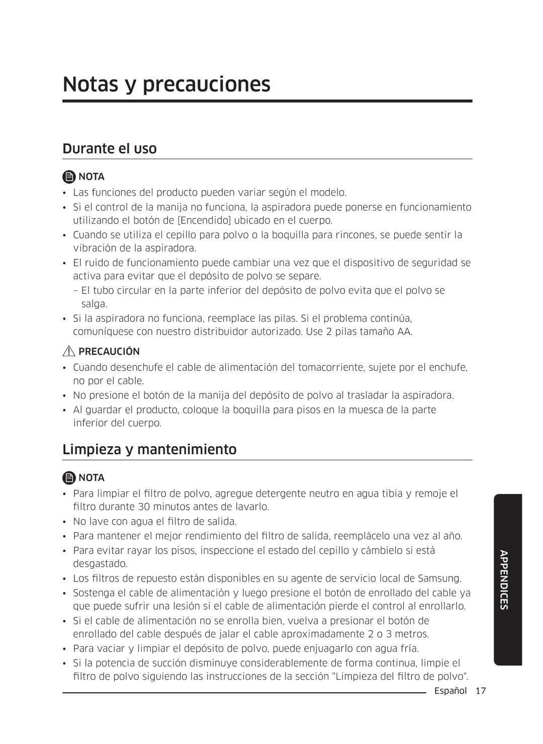 Samsung VC18M3110VB/SV manual Notas y precauciones, Durante el uso, Limpieza y mantenimiento 