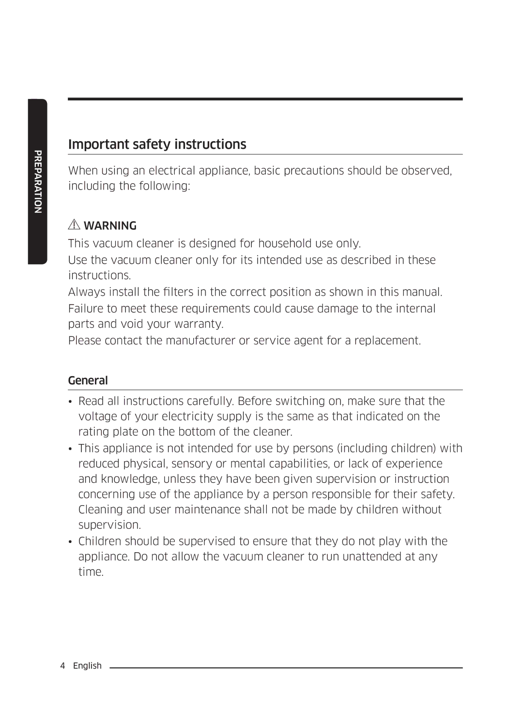 Samsung VC18M3110VB/SV manual Important safety instructions 