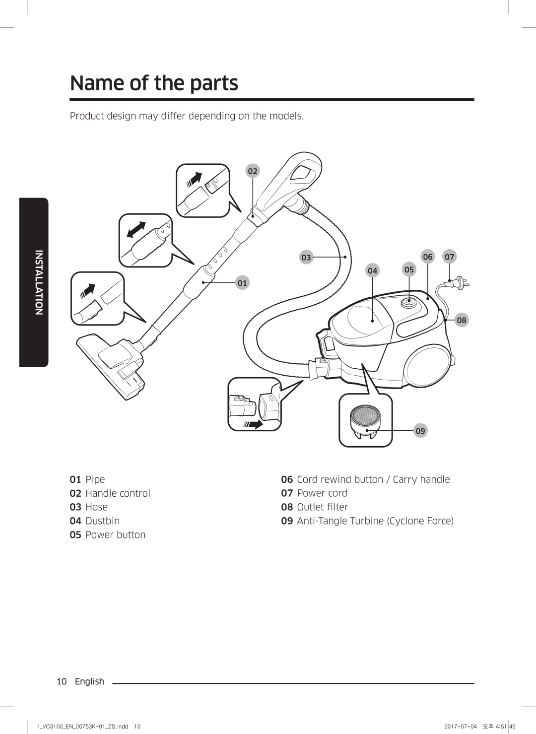 Samsung VC18M3110VB/SV manual Name of the parts, Installation 