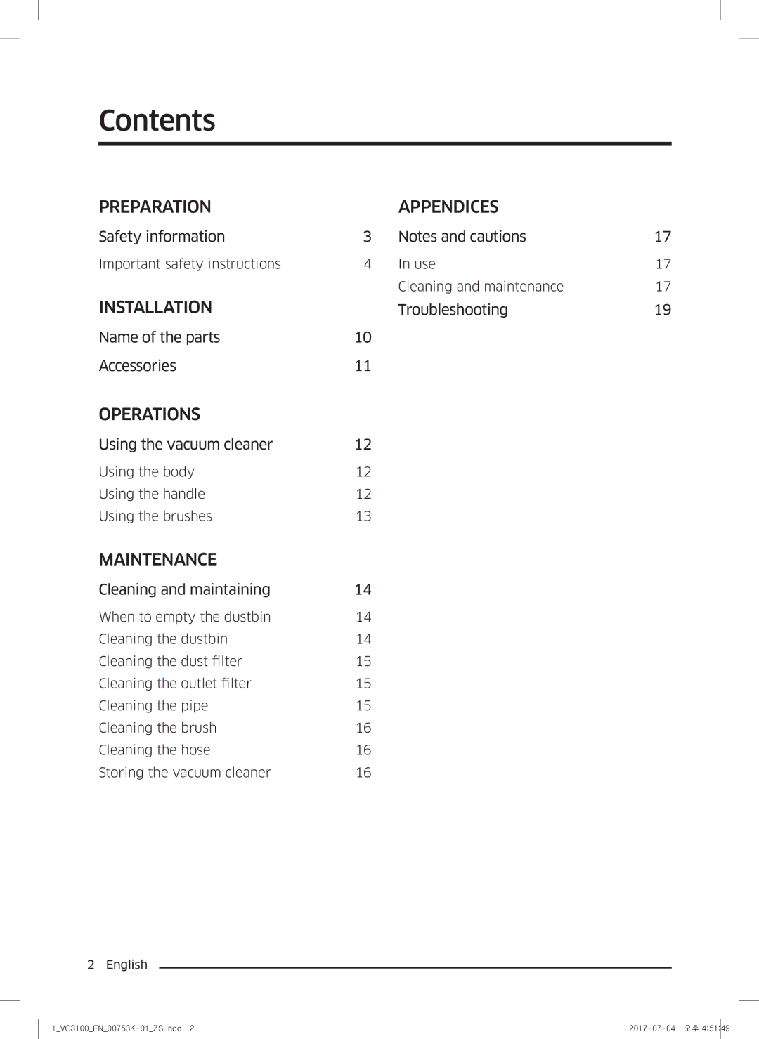 Samsung VC18M3110VB/SV manual Contents 