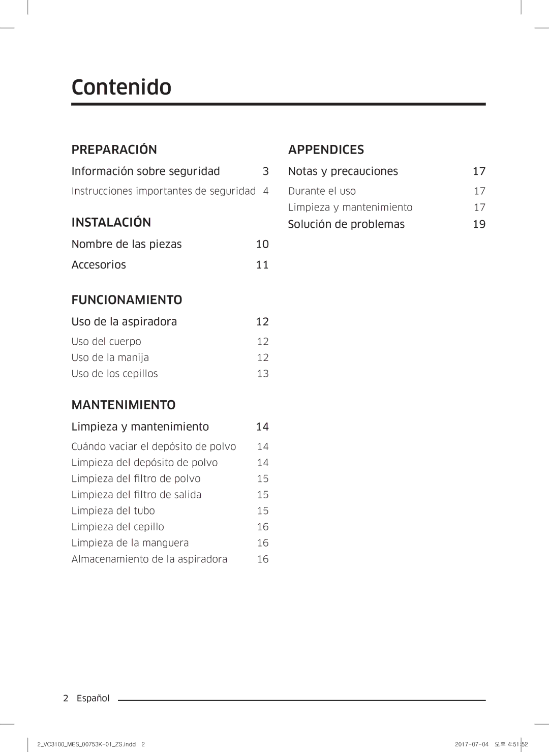 Samsung VC18M3110VB/SV manual Contenido, Preparación Appendices 