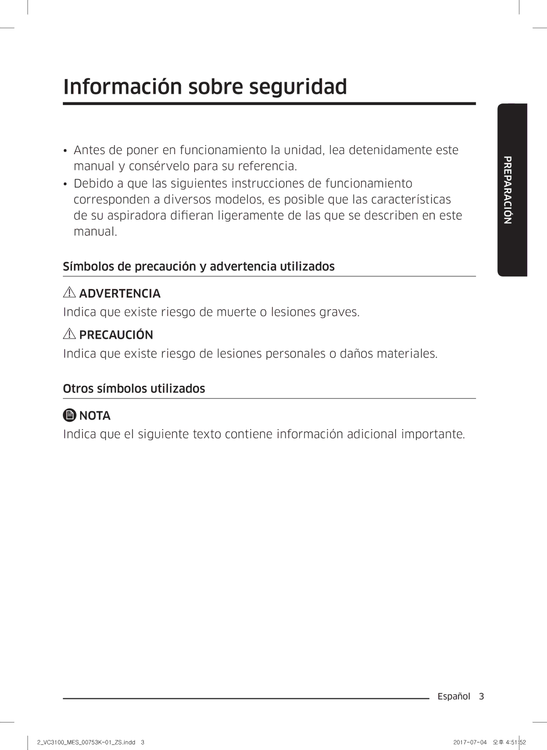 Samsung VC18M3110VB/SV manual Información sobre seguridad, Precaución 