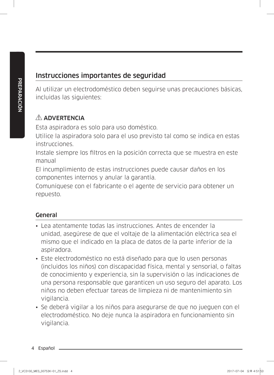 Samsung VC18M3110VB/SV manual Instrucciones importantes de seguridad 