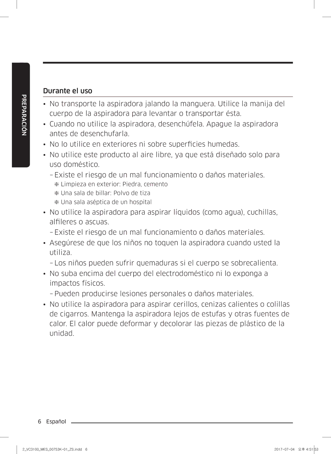 Samsung VC18M3110VB/SV manual Preparación 