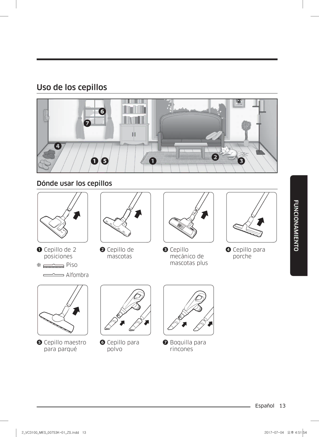 Samsung VC18M3110VB/SV manual Uso de los cepillos, Dónde usar los cepillos 