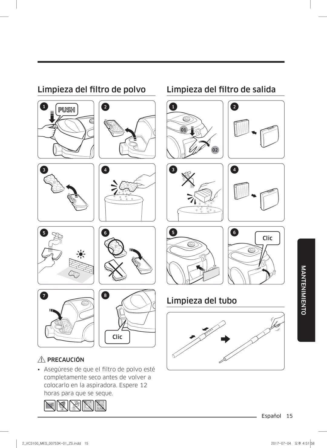 Samsung VC18M3110VB/SV manual Limpieza del filtro de polvo Limpieza del filtro de salida, Limpieza del tubo 