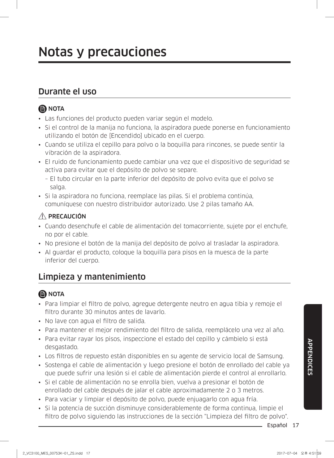 Samsung VC18M3110VB/SV manual Notas y precauciones, Durante el uso, Limpieza y mantenimiento 