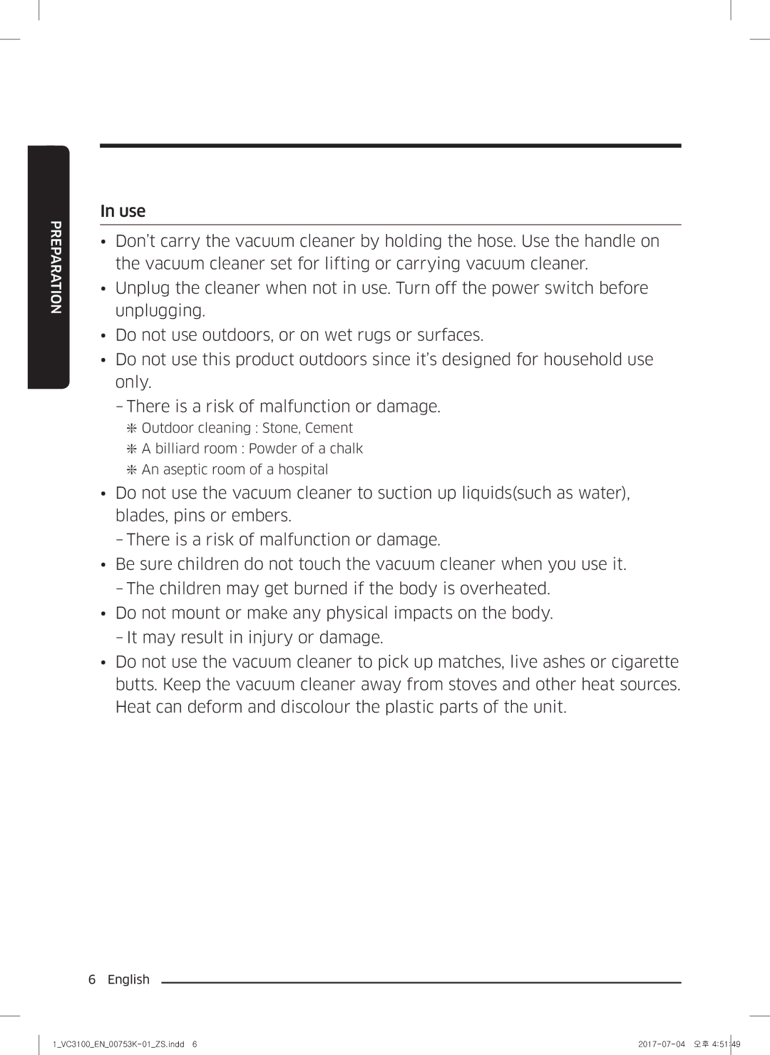 Samsung VC18M3110VB/SV manual Preparation 