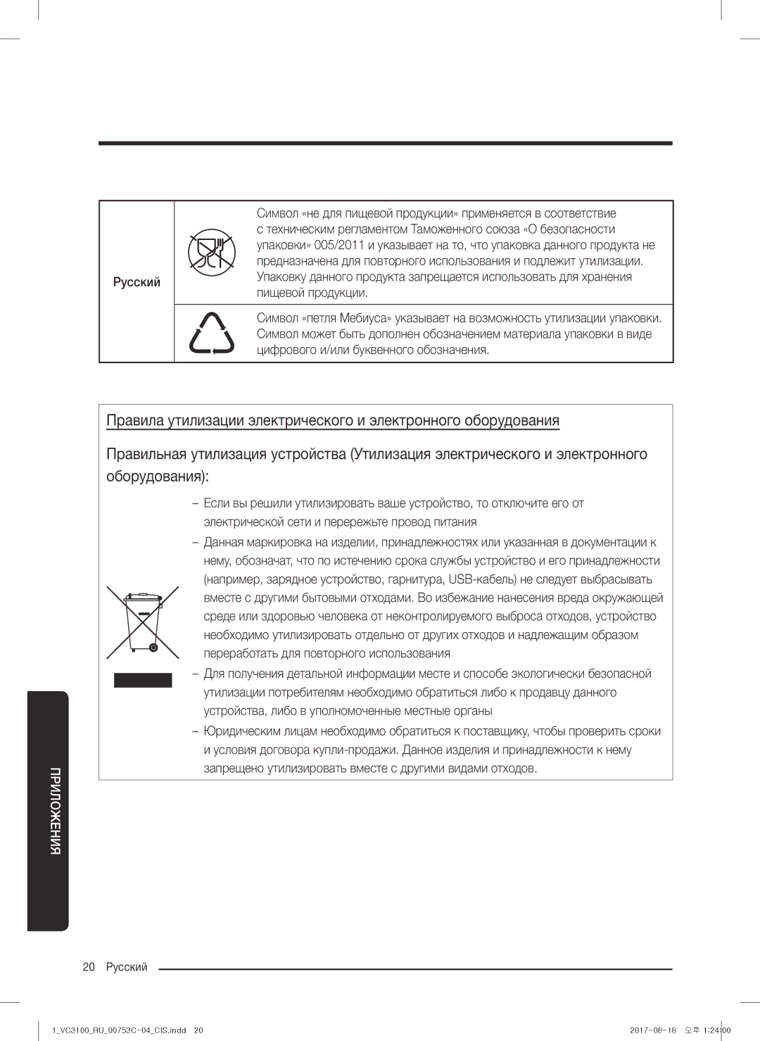 Samsung VC18M3140VN/EV, VC18M31A0HP/EV, VC18M31B0HN/EV manual Символ «не для пищевой продукции» применяется в соответствие 