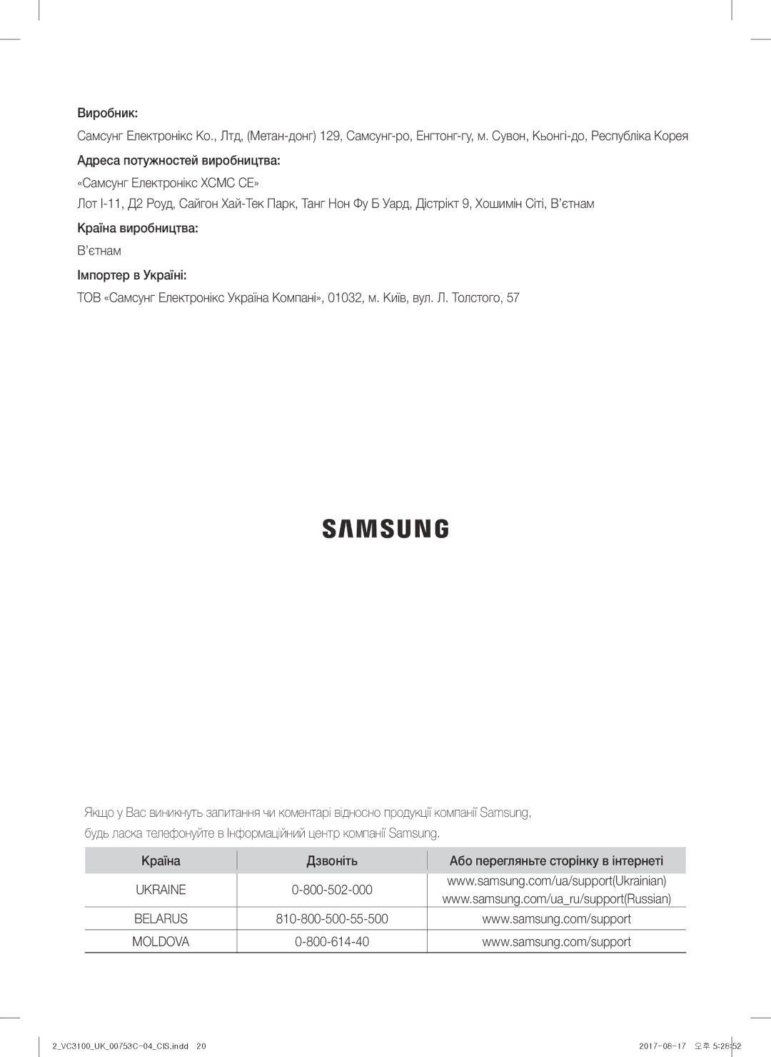 Samsung VC18M3160VG/EV, VC18M31A0HP/EV, VC18M31B0HN/EV, VC18M31A0HU/EV Країна Дзвоніть Або перегляньте сторінку в інтернеті 