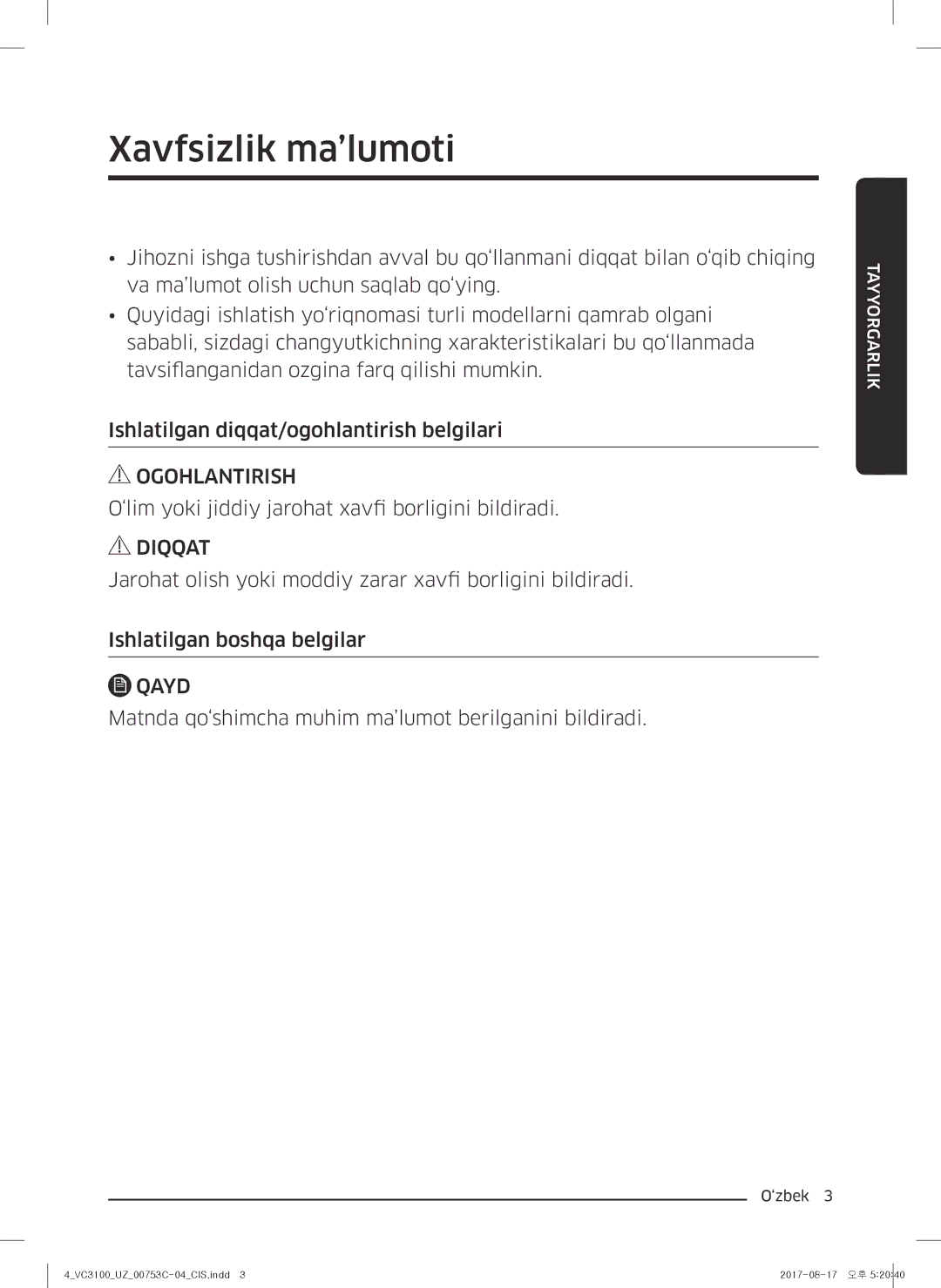 Samsung VC18M31B0HN/EV, VC18M31A0HP/EV, VC18M3160VG/EV, VC18M31A0HU/EV, VC18M3140VN/EV manual Xavfsizlik ma’lumoti, Qayd 