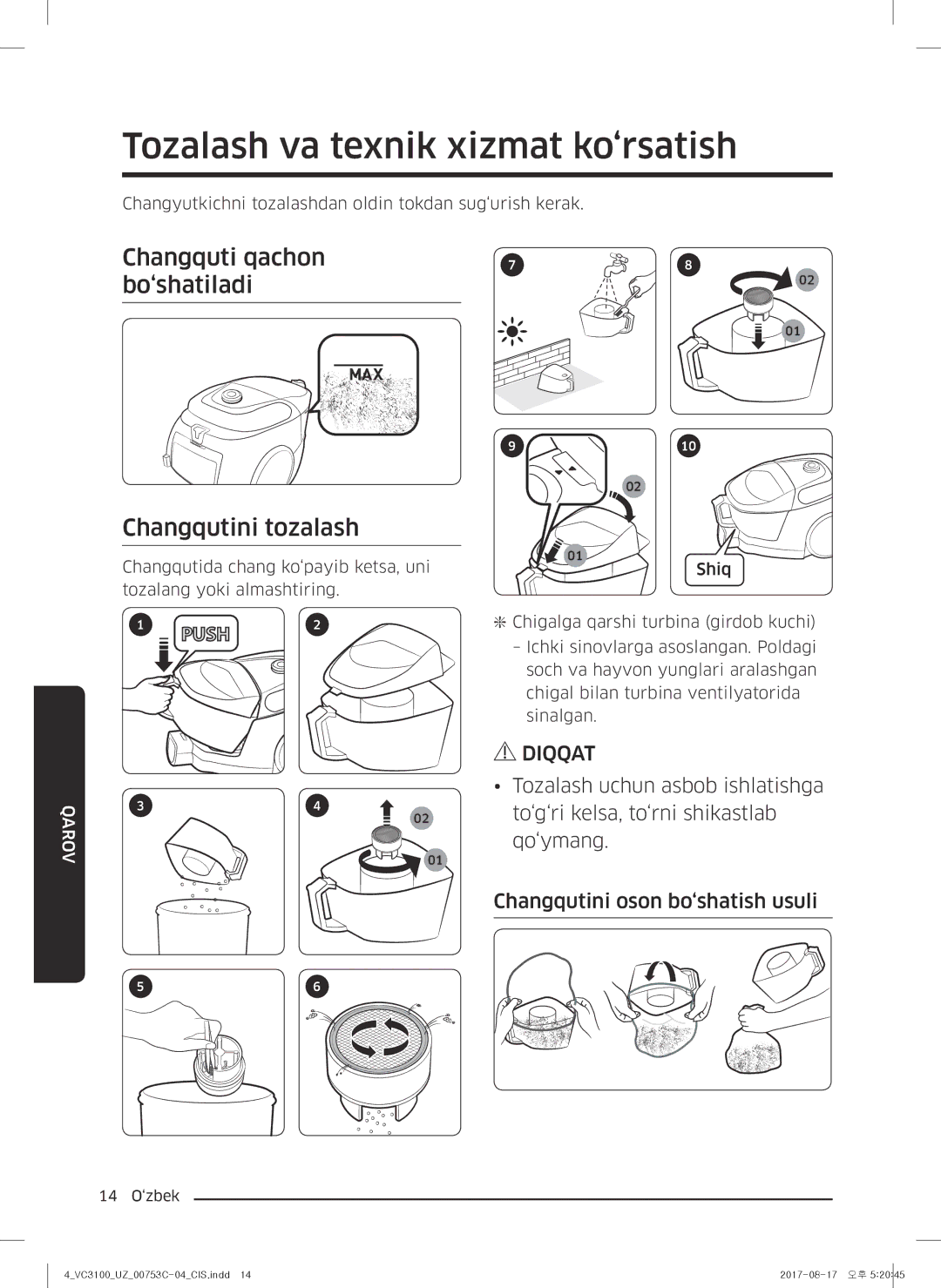 Samsung VC18M3140VN/EV manual Tozalash va texnik xizmat ko‘rsatish, Changquti qachon bo‘shatiladi, Changqutini tozalash 