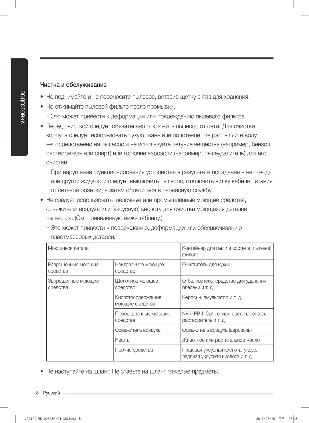 Samsung VC18M31A0HP/EV, VC18M31B0HN/EV, VC18M3160VG/EV manual Не наступайте на шланг. Не ставьте на шланг тяжелые предметы 