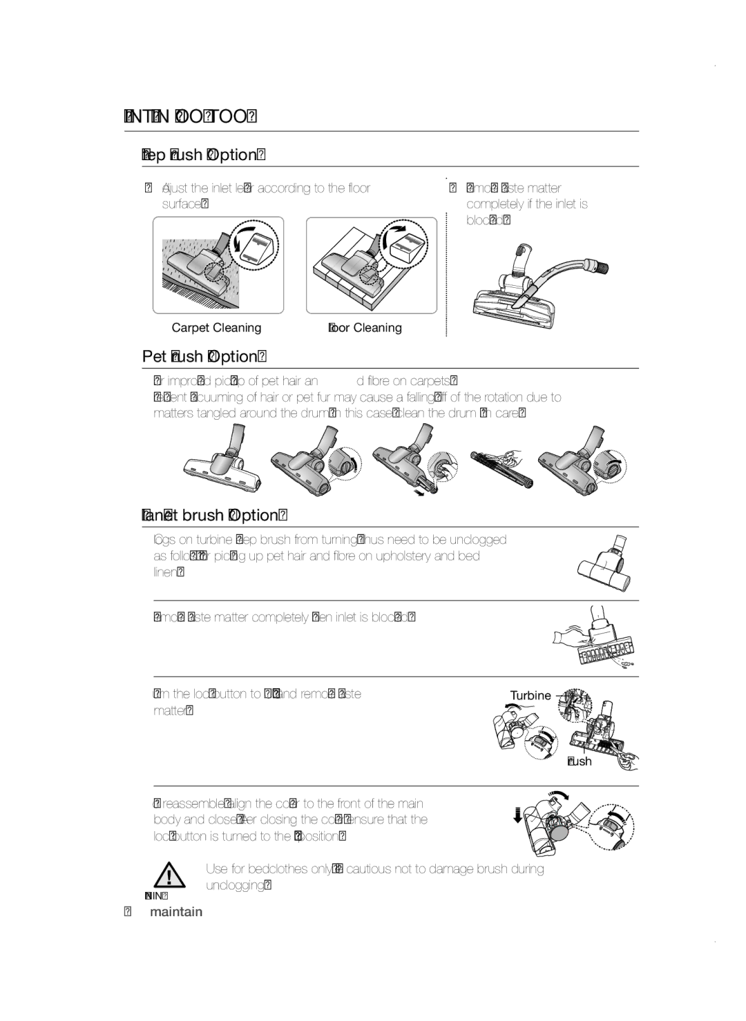 Samsung VC19F50VNCY/ML manual Maintain Floor Tools, Step Brush Option, Pet Brush Option, Blanket brush Option 