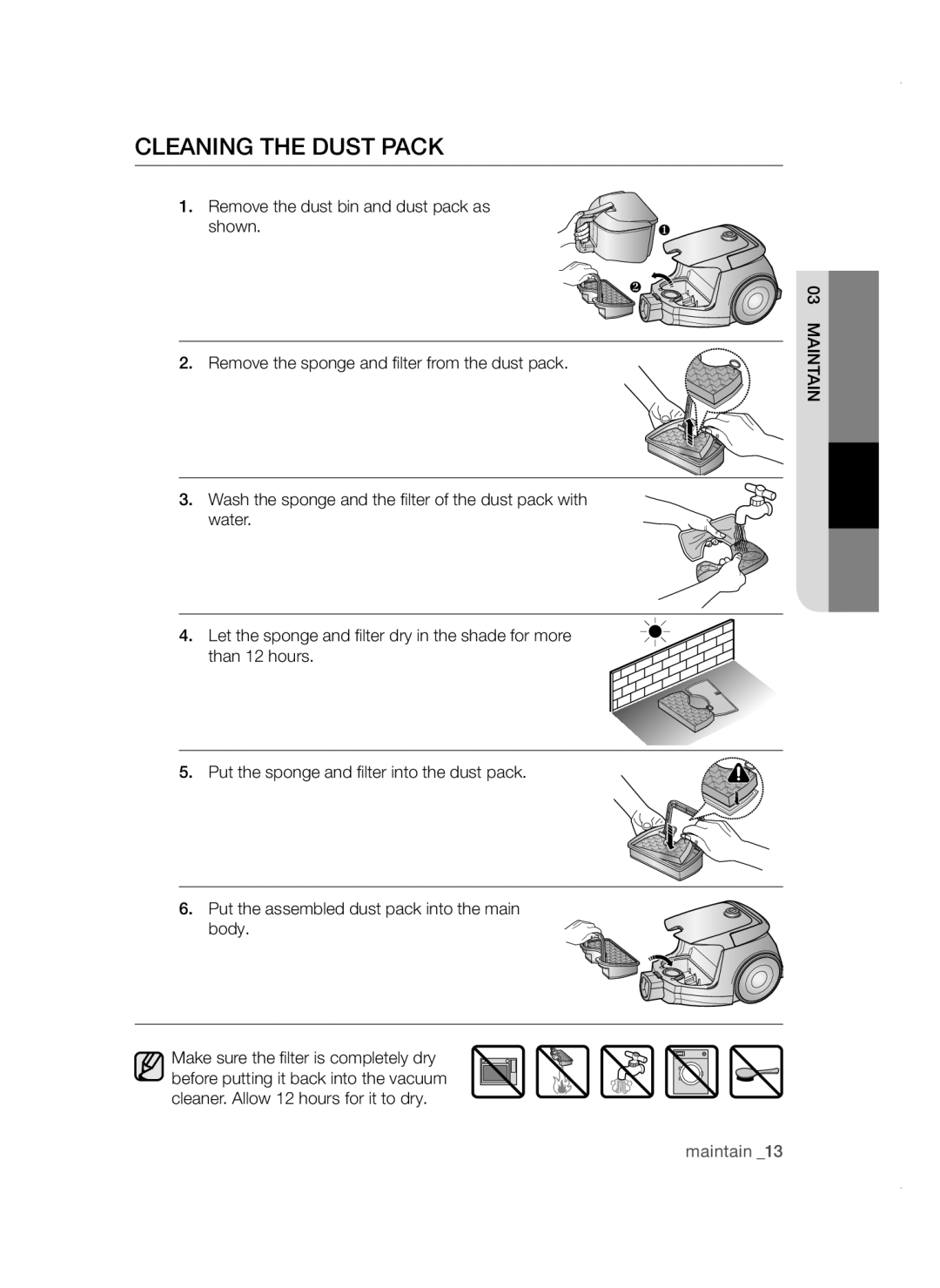 Samsung VC19F50VNCY/ML manual Cleaning the Dust Pack 