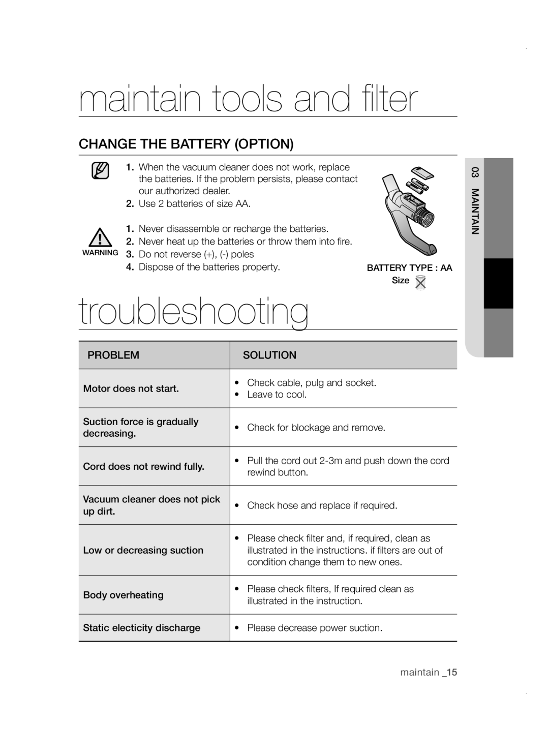 Samsung VC19F50VNCY/ML manual Troubleshooting, Change the Battery Option, Problem Solution, Rewind button 