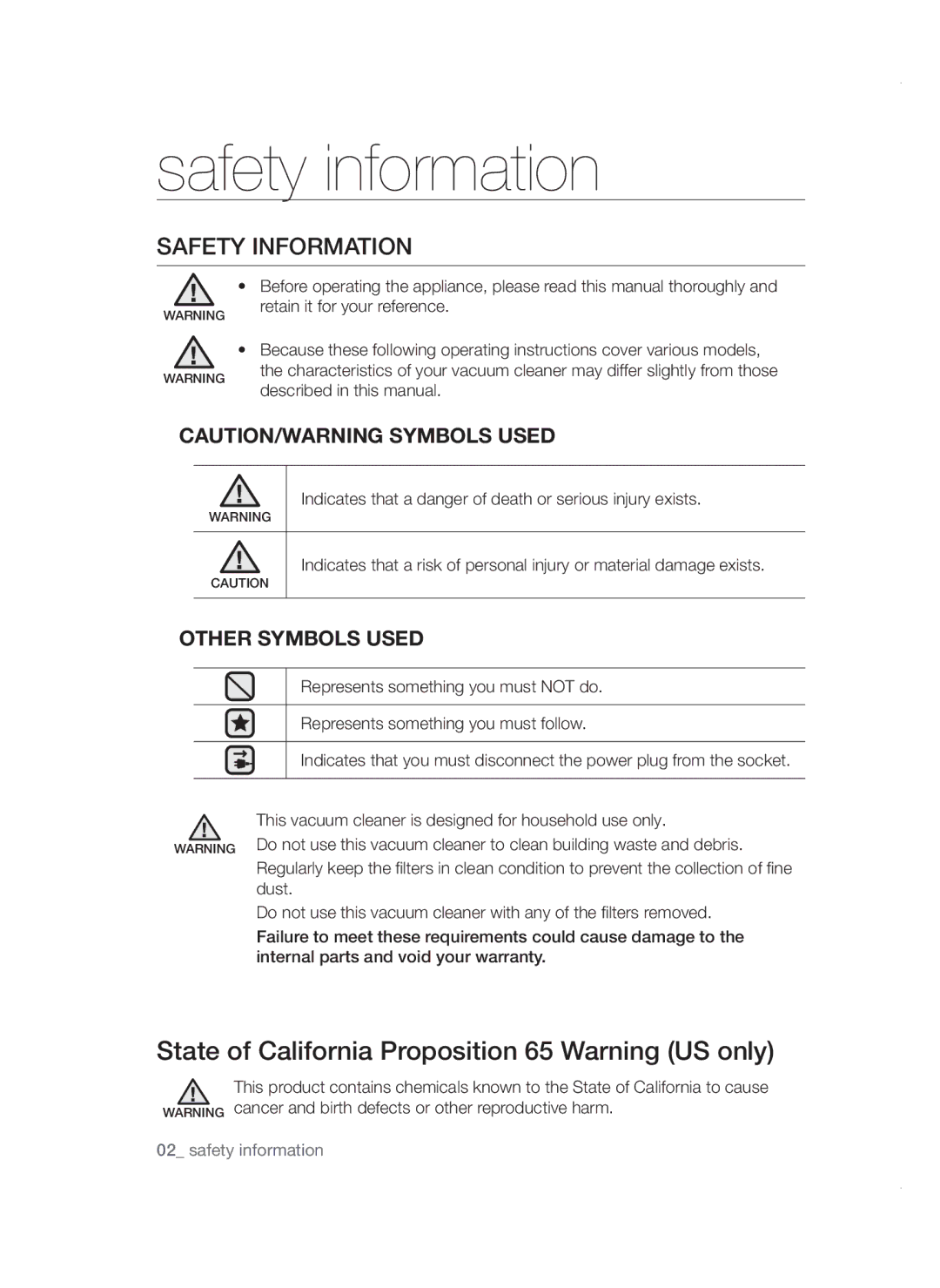 Samsung VC19F50VNCY/ML manual Safety information, Safety Information 