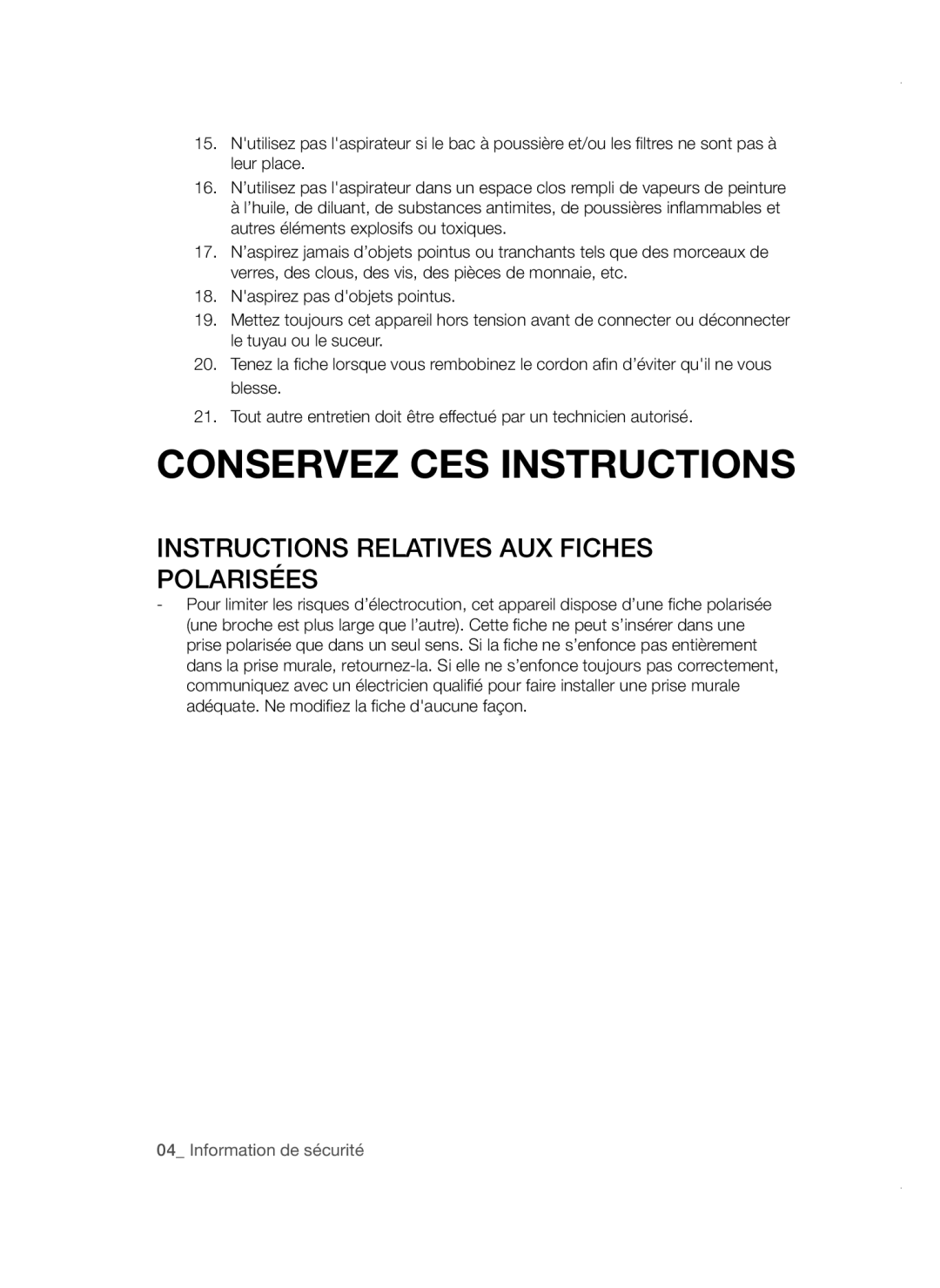 Samsung VC19F50VNCY/ML manual Conservez CES Instructions 