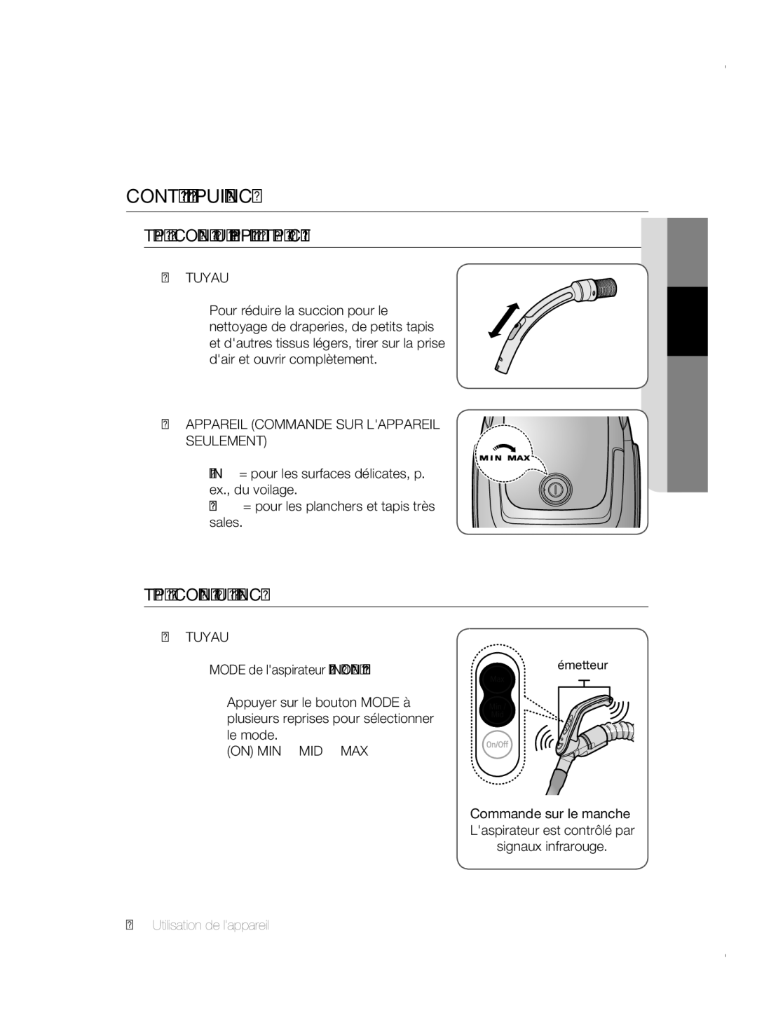 Samsung VC19F50VNCY/ML manual Contrôle DE LA Puissance, Tuyau, Appareil Commande SUR Lappareil Seulement 