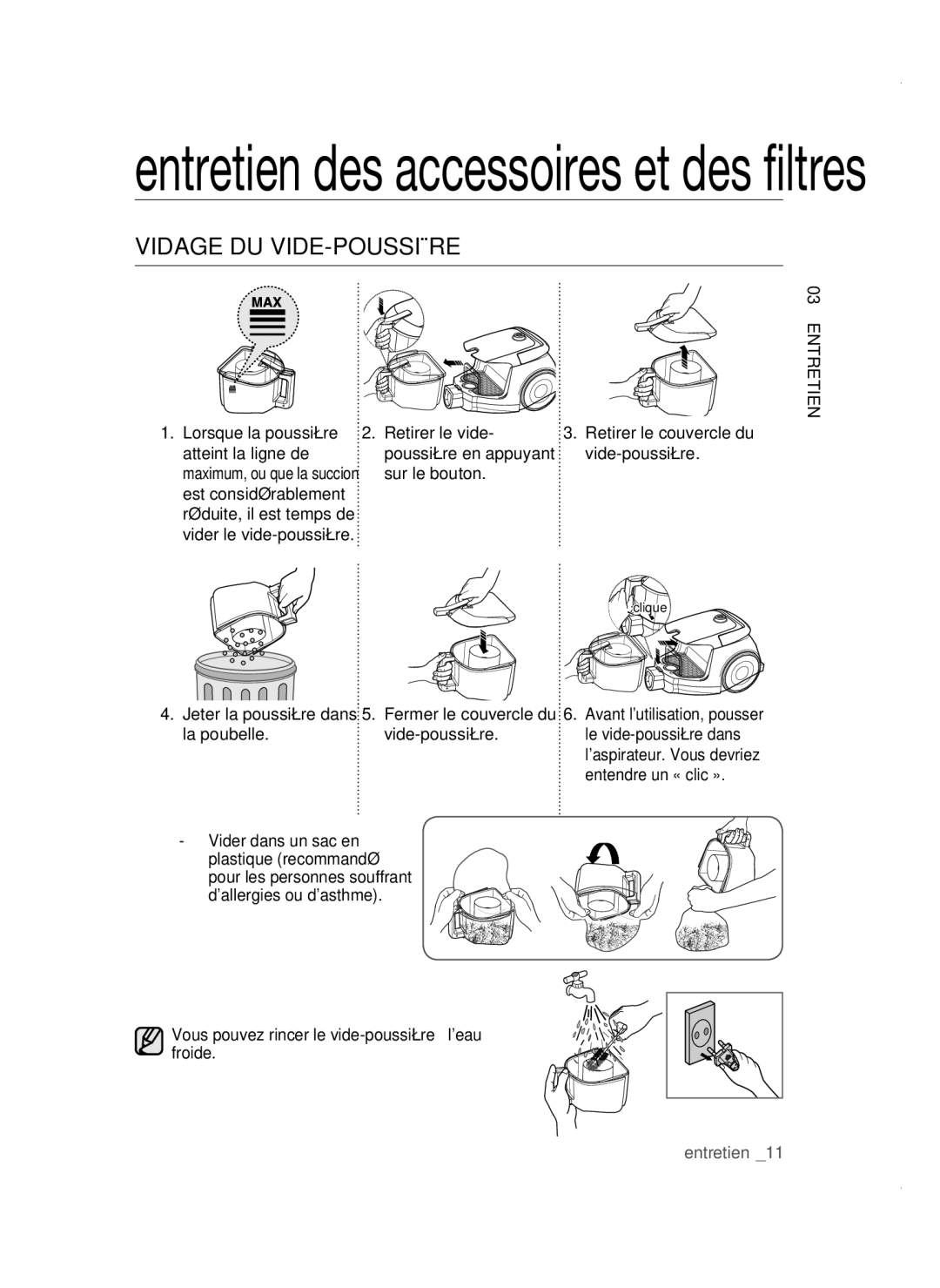 Samsung VC19F50VNCY/ML manual Vidage DU VIDE-POUSSIÈRE, Retirer le couvercle du vide-poussière 