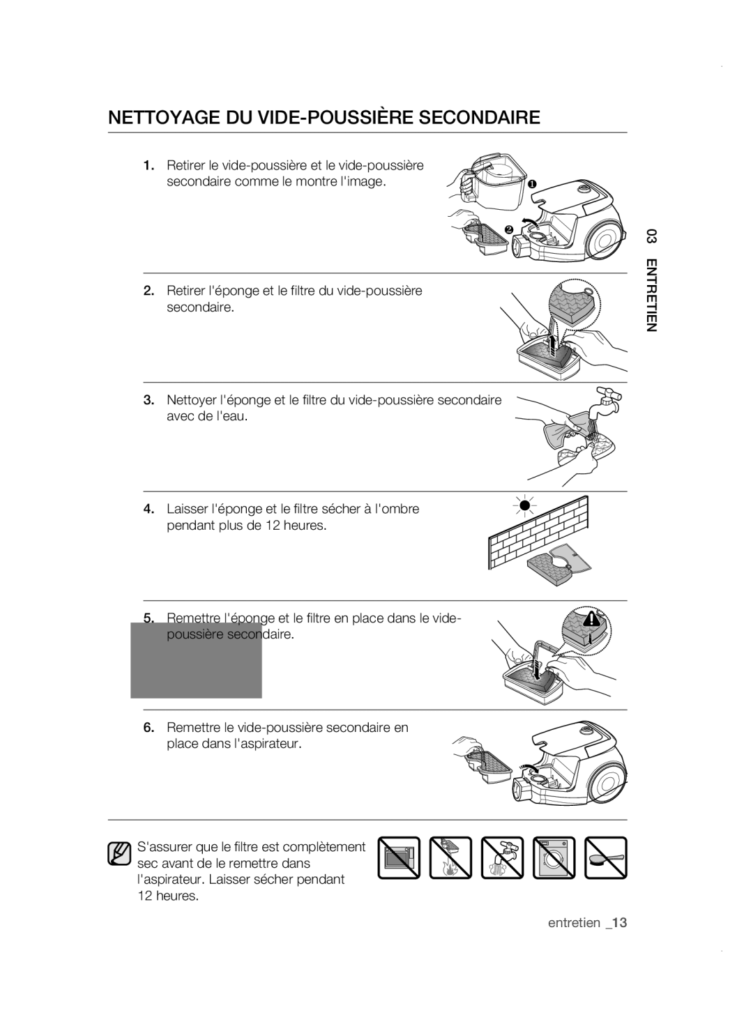 Samsung VC19F50VNCY/ML manual Nettoyage DU VIDE-POUSSIÈRE Secondaire 