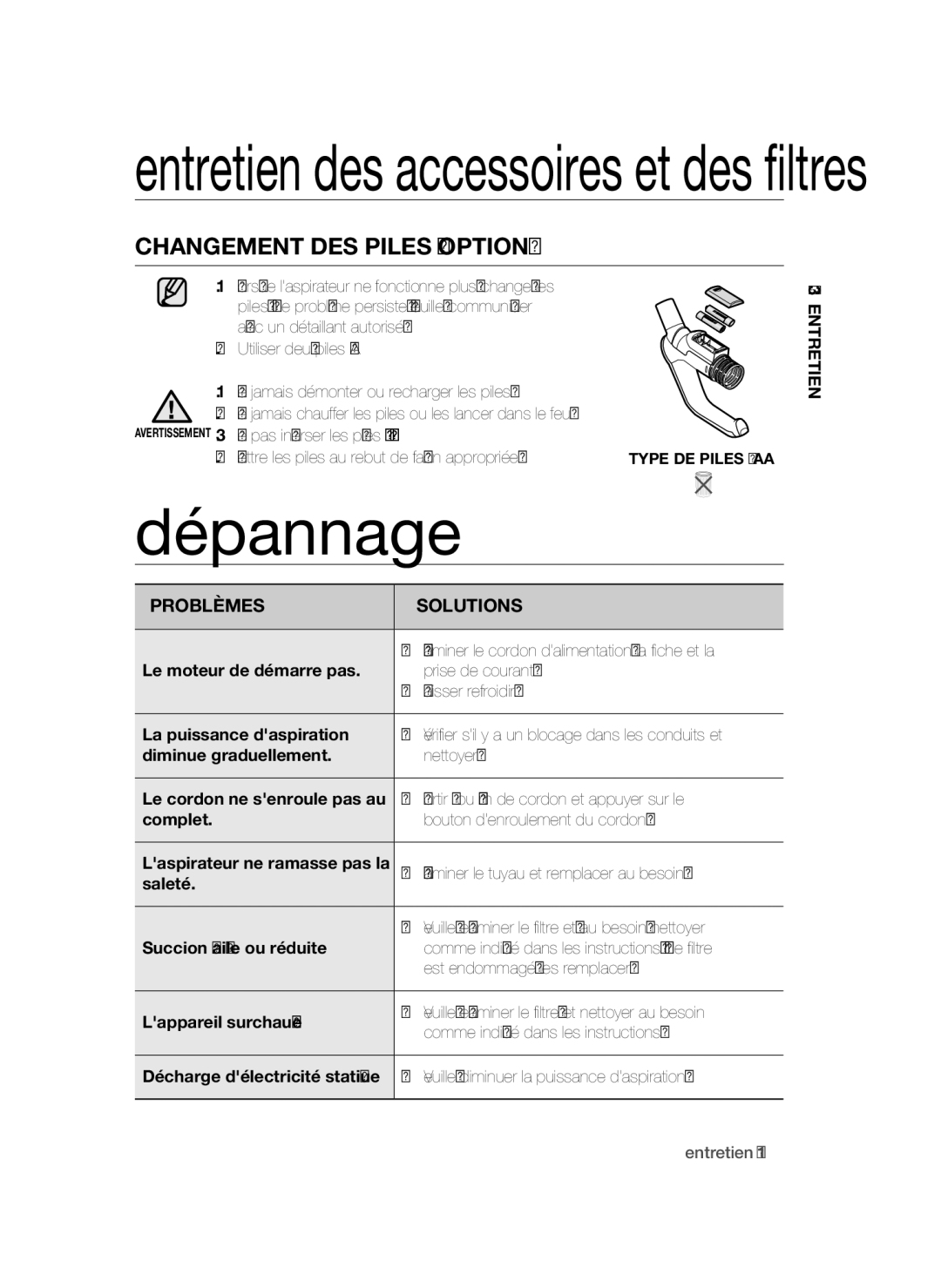 Samsung VC19F50VNCY/ML manual Dépannage, Changement DES Piles Option, Problèmessolutions 