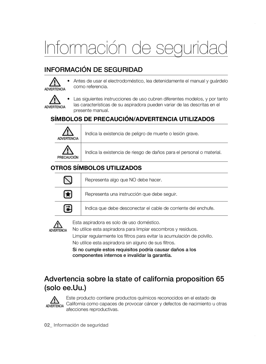 Samsung VC19F50VNCY/ML manual Información de seguridad, Información DE Seguridad 