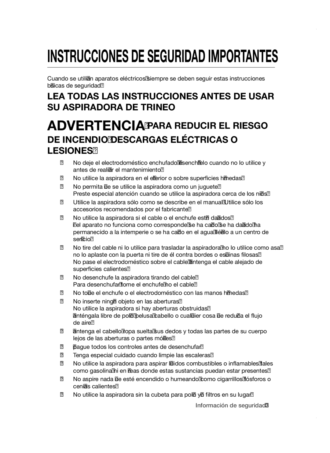 Samsung VC19F50VNCY/ML manual Instrucciones DE Seguridad Importantes 