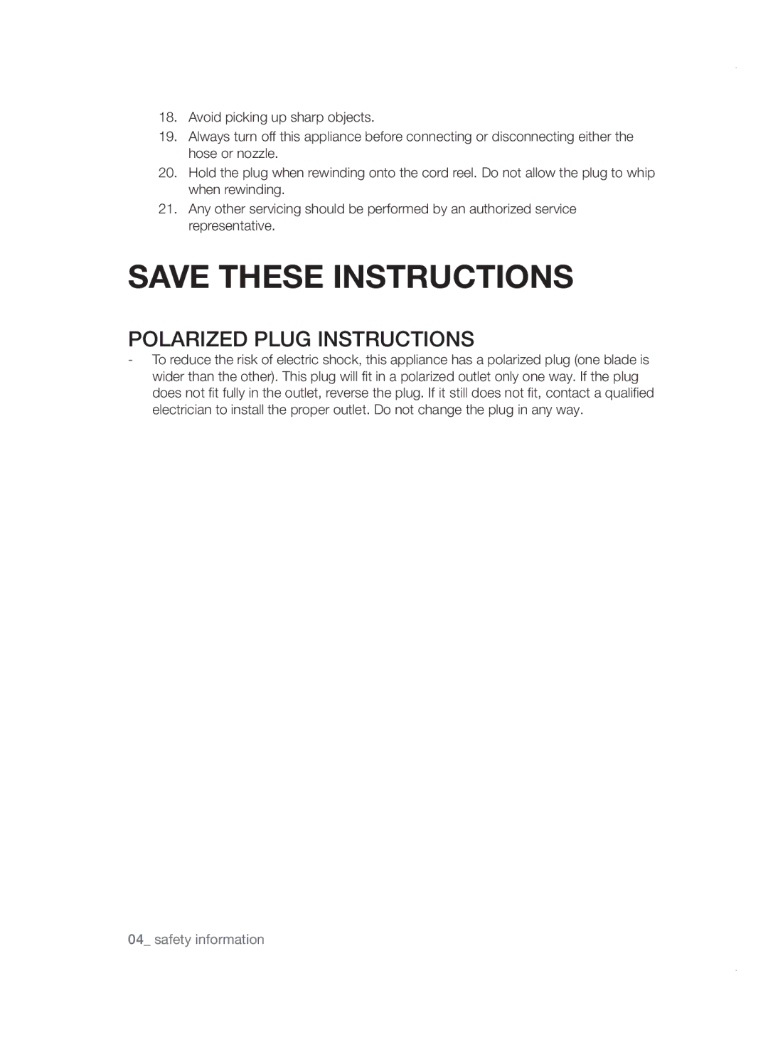 Samsung VC19F50VNCY/ML manual Polarized Plug Instructions 