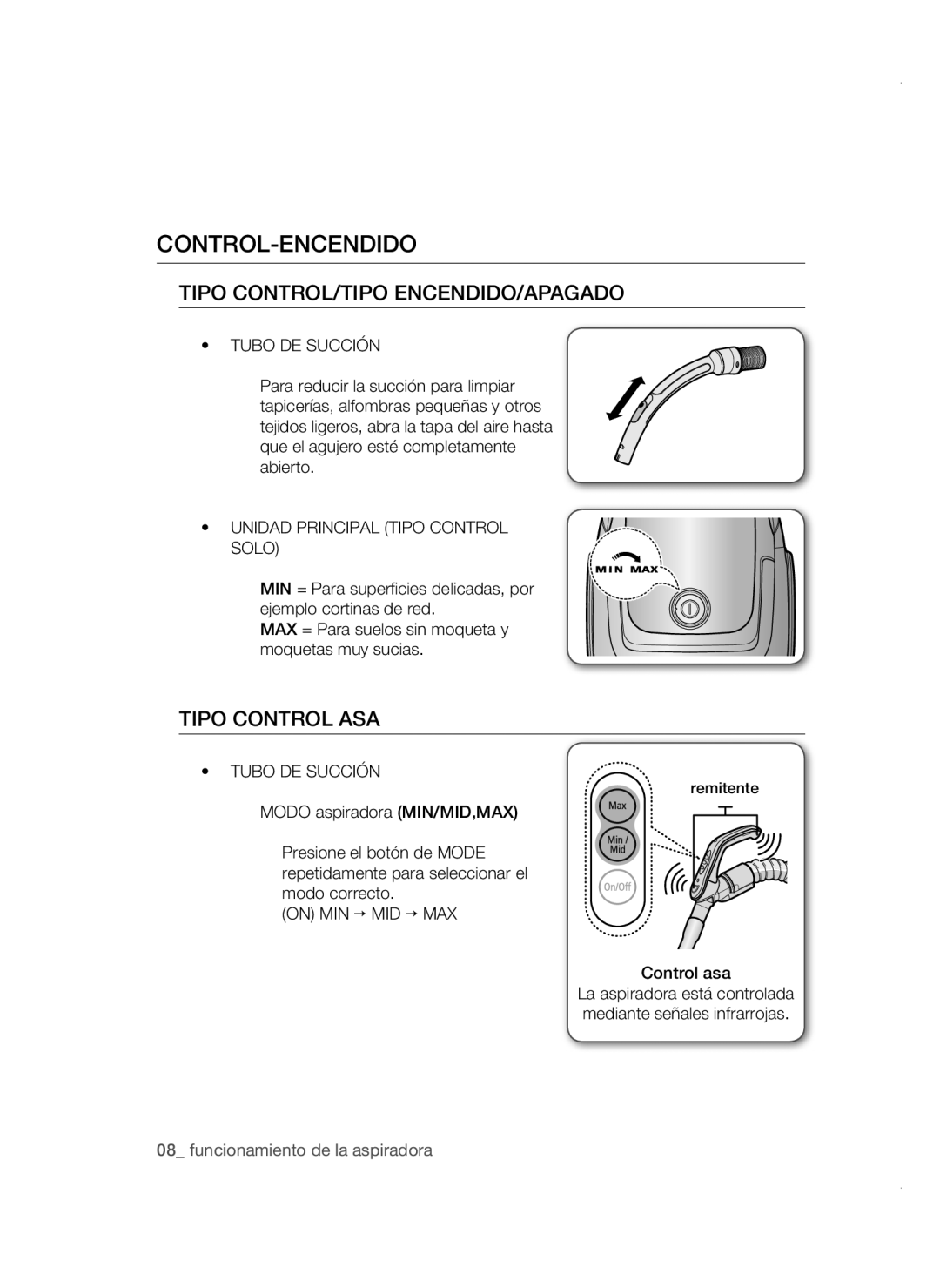 Samsung VC19F50VNCY/ML manual Control-Encendido, Tubo DE Succión, Unidad Principal Tipo Control Solo, Control asa 