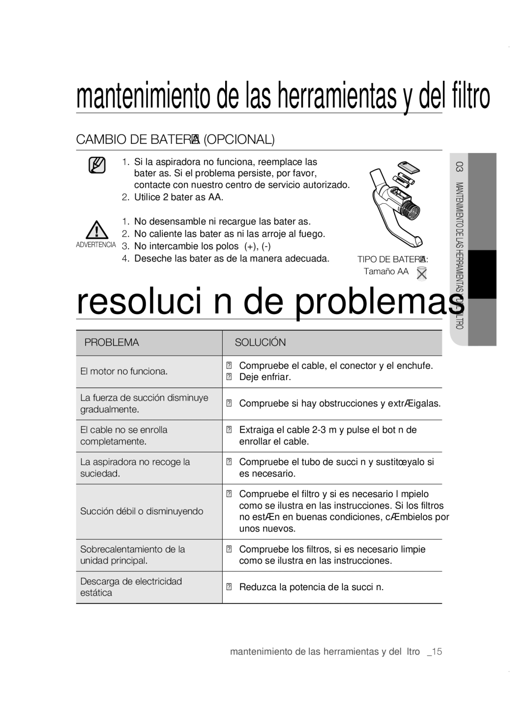 Samsung VC19F50VNCY/ML manual Resolución de problemas, Cambio DE Batería Opcional, Problema Solución 