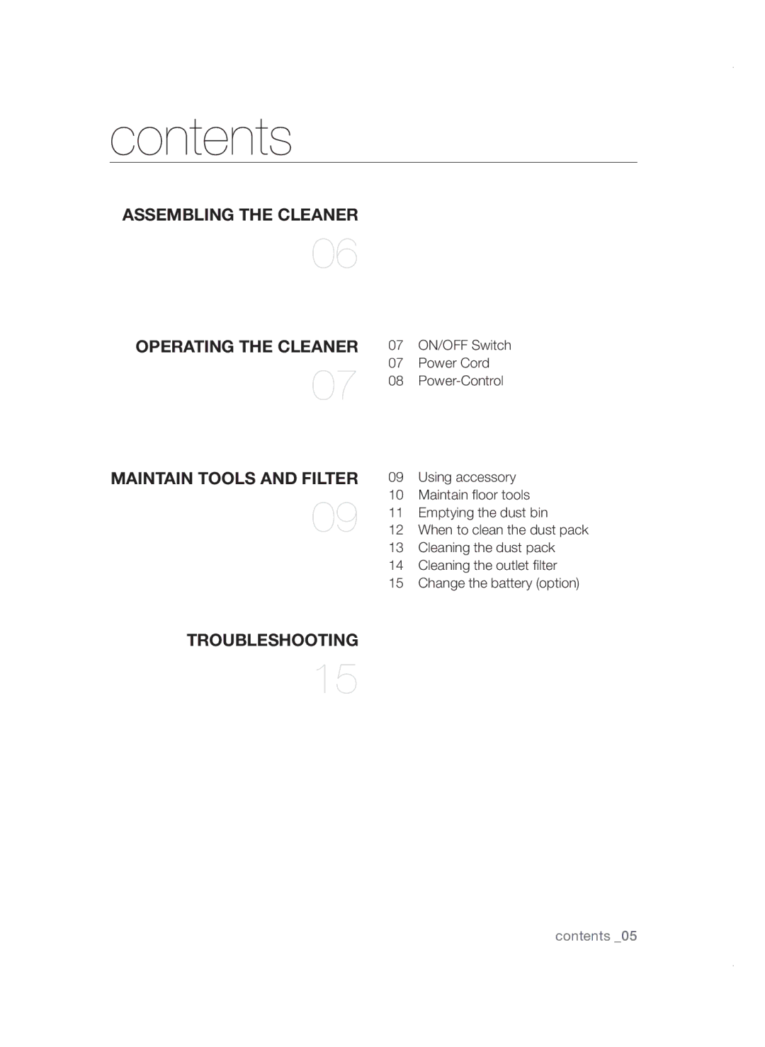 Samsung VC19F50VNCY/ML manual Contents 