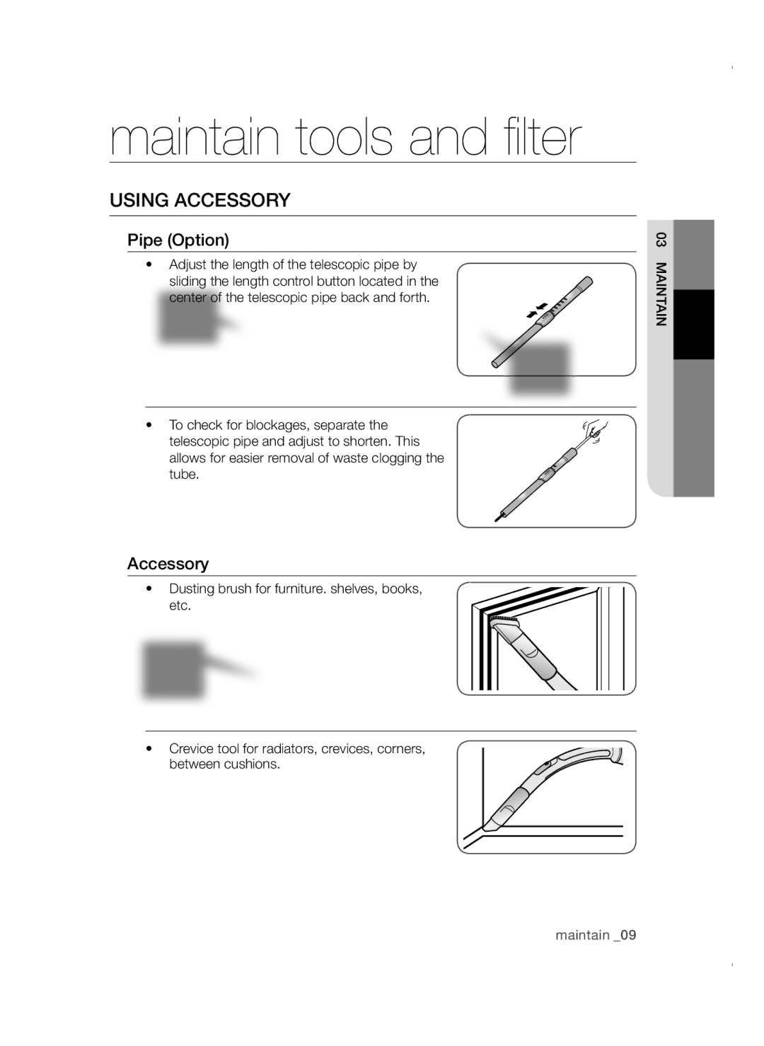 Samsung VC19F50VNCY/ML manual Maintain tools and filter, Using Accessory, Pipe Option 