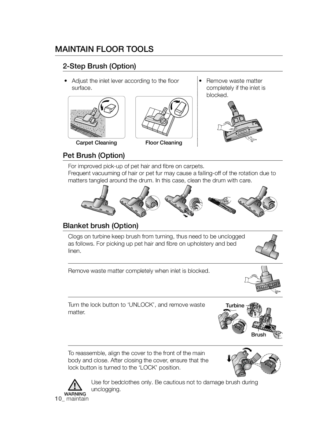 Samsung VC20AHNDC6B/SB, VC20AHNDCNC/SB Maintain Floor Tools, Step Brush Option, Pet Brush Option, Blanket brush Option 