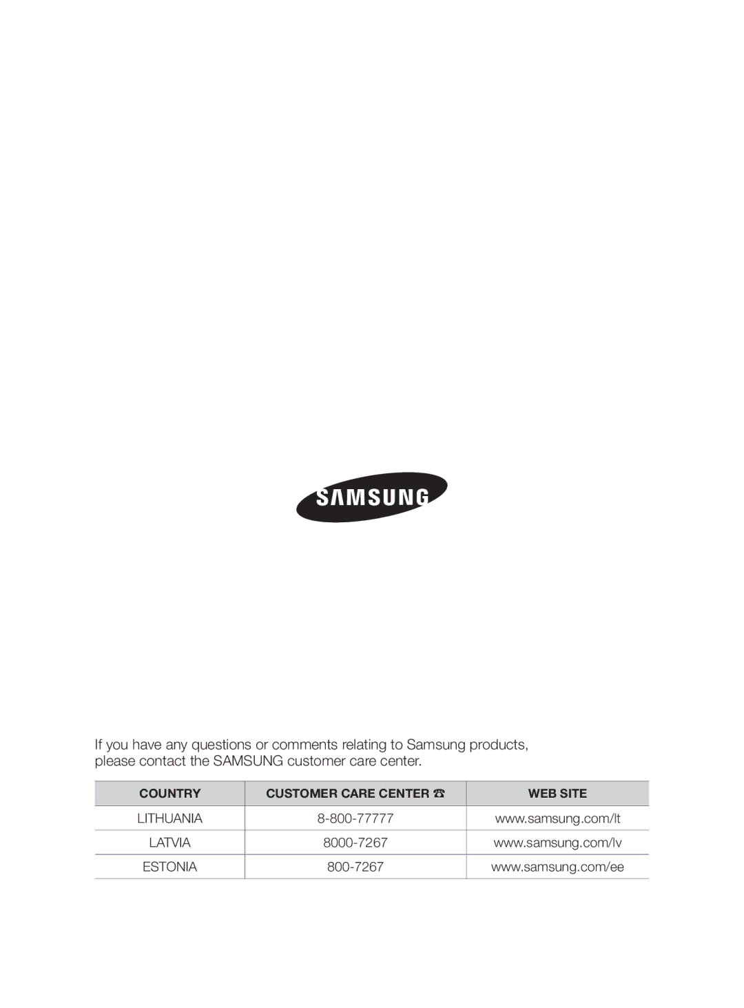 Samsung VC08QHNDC6B/SB, VC20AHNDC6B/SB, VC20AHNDCNC/SB, VC15QHNDC6B/SB, VC15RHNDCNC/SB Country Customer Care Center WEB Site 