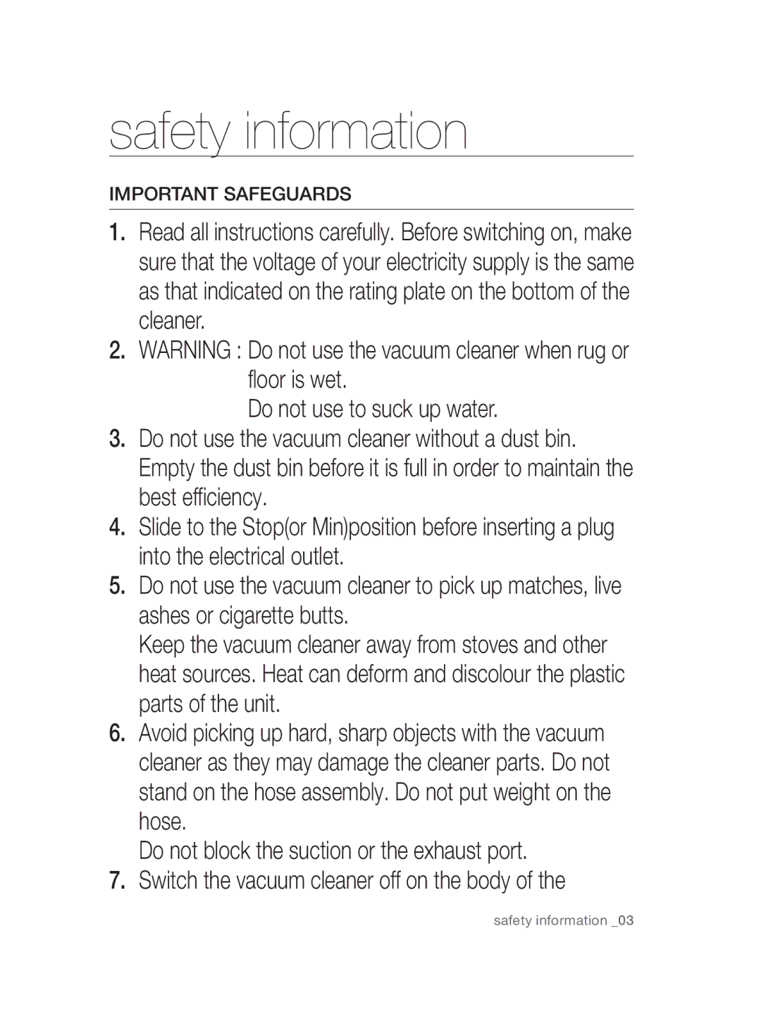 Samsung VC08QHNDC6B/SB, VC20AHNDC6B/SB, VC20AHNDCNC/SB, VC15QHNDC6B/SB, VC15RHNDCNC/SB manual Important Safeguards 