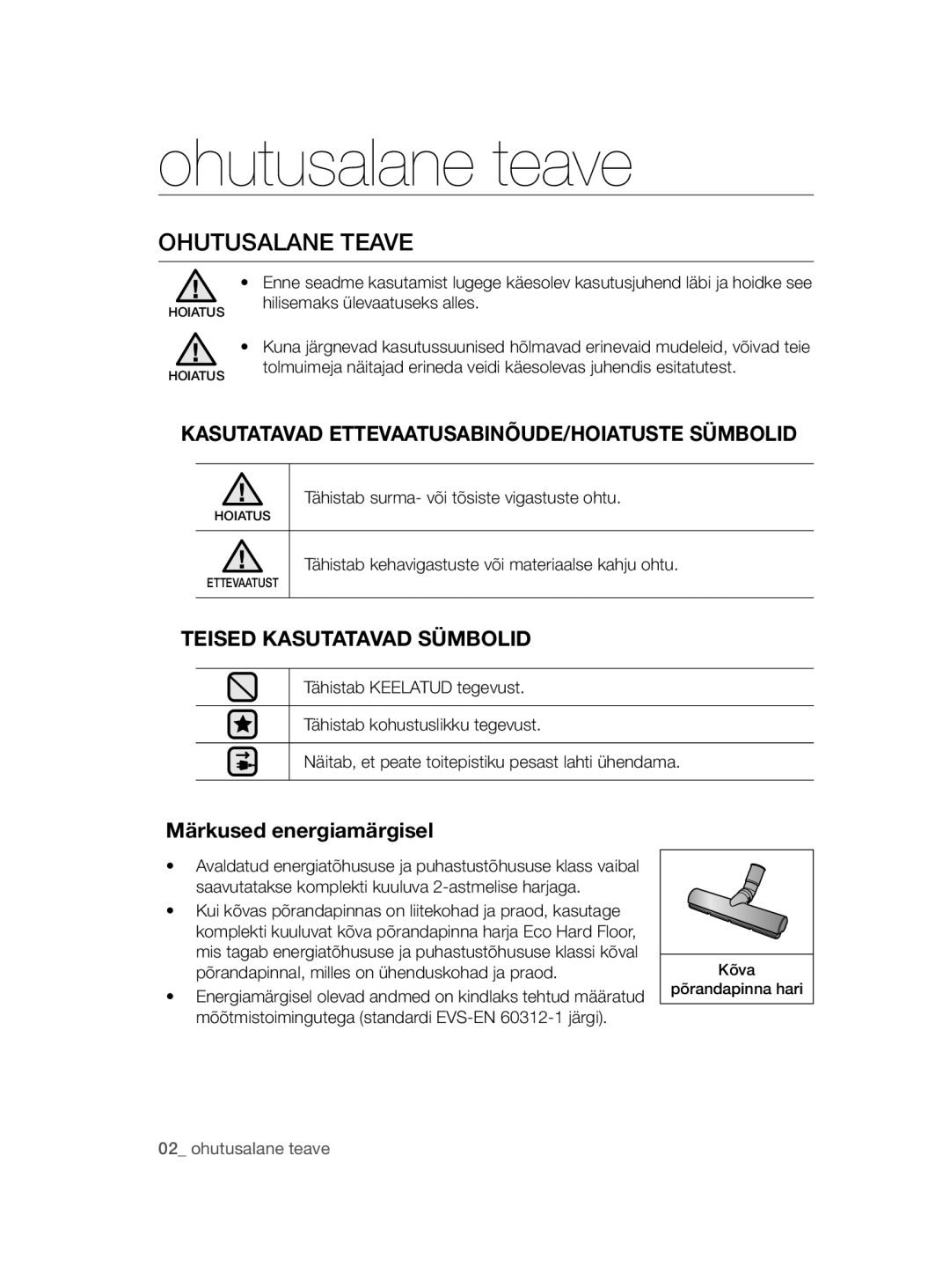 Samsung VC08QHNDC6B/SB manual Ohutusalane teave, Ohutusalane Teave, Kasutatavad ETTEVAATUSABINÕUDE/HOIATUSTE Sümbolid 