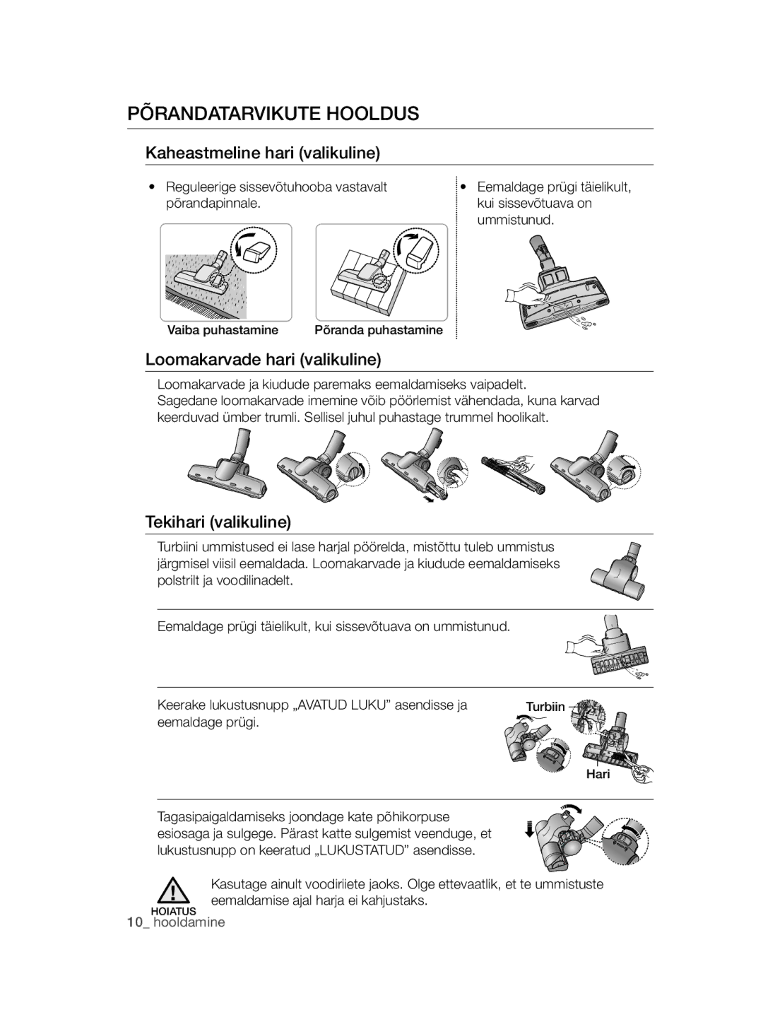 Samsung VC20AHNDCNC/SB manual Põrandatarvikute Hooldus, Kaheastmeline hari valikuline, Loomakarvade hari valikuline 