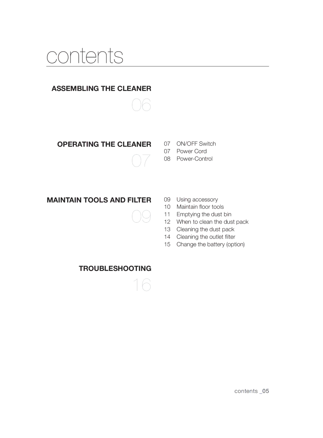 Samsung VC20AHNDC6B/SB, VC20AHNDCNC/SB, VC15QHNDC6B/SB, VC08QHNDC6B/SB, VC15RHNDCNC/SB manual Contents 